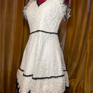 Lace Tiered White Dress with Black Trim - Women's Dress